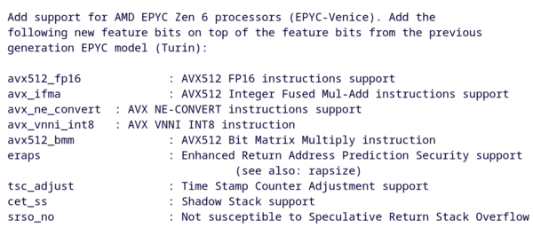 Commit-meddelandet från Ben Cheathams QEMU-patch, där de nya funktionsbitarna som lagts till för Epyc-Venice listas.