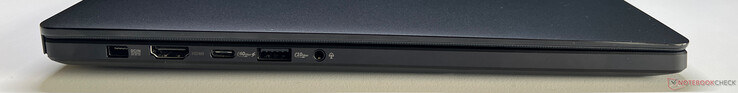 Vänster: strömförsörjning, HDMI 2.1 FRL, USB-C 4.0 (40 GBit/s, DisplayPort, Power Delivery), USB-A 3.2 Gen 2 (10 GBit/s), 3,5 mm ljud