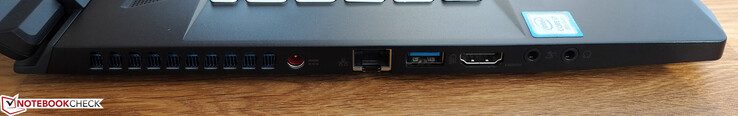 Vänster: ström, RJ45-LAN, USB-A 3.0, HDMI, mikrofon, hörlurar