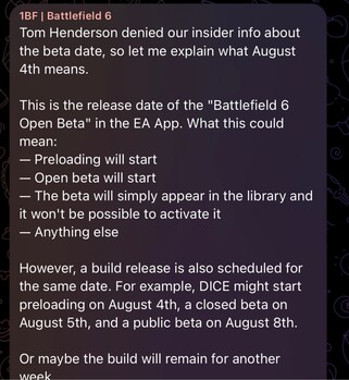 1BF svar till Tom Henderson på Battlefield 6 öppen beta starttid (Bildkälla: GamingLeaksandRumours subreddit, 1BF Telegram channel)