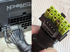 Den brända ASRock TempGuard-strömkontakten på bilden, med skador på nätaggregatets kablar