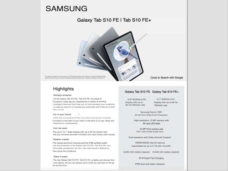 Den officiella bilden visar funktioner och specifikationer för de kommande Galaxy Tab S10 FE och FE+. (Bildkälla: Mystery Lupin på X)