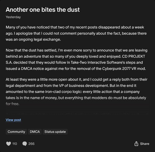 Luke Ross Patreon-inlägg om borttagning av Cyberpunk 2077 VR-mod (Bildkälla: skärmdump, Luke Ross Patreon)