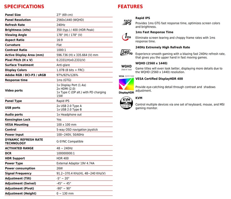 MSI Optix MAG274QRX - Specifikationer. (Källa: MSI)