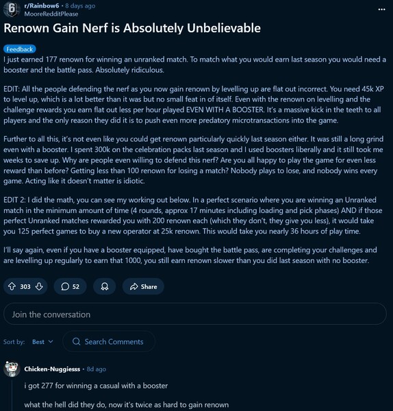 Rainbow Six Siege X valutaförändringar i spelet (Bildkälla: skärmdump, Rainbow Six subreddit)