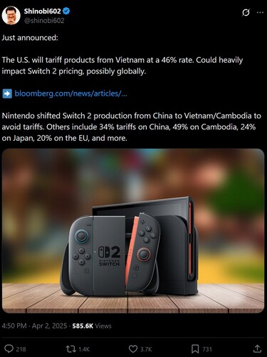 Vietnams tullar effekt på Switch 2 svar på X (skärmdump, Shinobi602 X-konto)