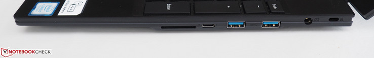 right: card reader, Thunderbolt 3, 2x USB 3.0, DC-in, Kensington Lock