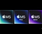 Konstnärlig framställning av Apple:s M5-, M5 Pro- och M5 Max-chip. (Bildkälla: Apple, redigerad med Gemini)