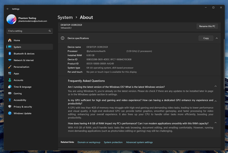 En skärmdump av Windows 11 dev build med ett FAQ-avsnitt som lagts till under information om systemets hårdvara. (Bildkälla: @phantomofearth.bsky.social)
