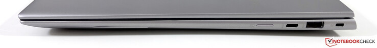 Höger: microSD-läsare, USB-C 3.2 Gen.2 (10 GBit/s, DisplayPort-ALT 1.4), USB-A 3.2 Gen.1 (5 GBit/s), Kensington-lås