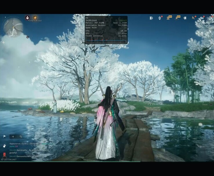 Where Winds Meet Mobile körs på M5 iPad Pro med prestandaöverlägg som visar upplösning och bildfrekvens (Bildkälla: Dame Tech via YouTube)