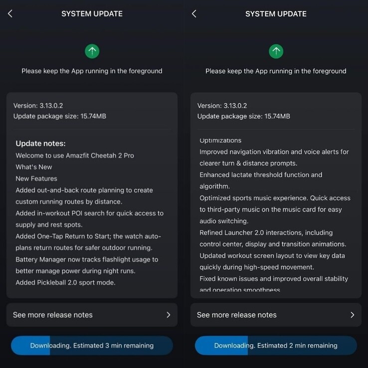 Releaseanteckningarna för Amazfit Cheetah 2 Pro fw 3.13.0.2