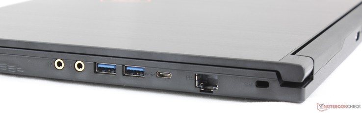 Höger: 3.5 mm hörlurar, 3.5 mm mikrofon, 2x USB 3.1 Typ A, USB 3.1 Typ C, Gigabit RJ-45, Kensington-lås