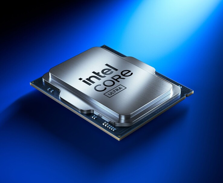 Intel Core Ultra-processor på en blå bakgrund som visar den eleganta metalldesignen och de inbyggda kretsarna. (Bildkälla: Intel)