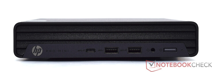 Framsida: USB Typ-C 20 Gbit/s, 2x USB Typ-A 10 Gbit/s, 3,5 mm ljud