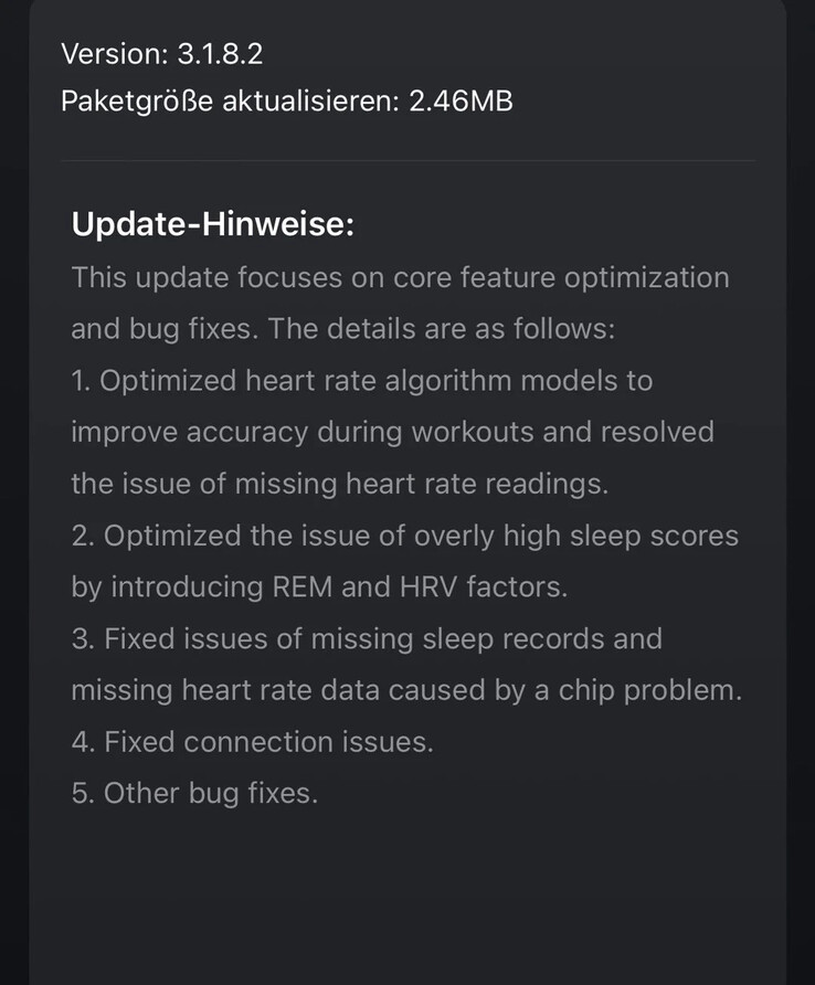 Releaseanteckningarna för version 3.1.8.2 för Amazfit Helio Strap. (Bildkälla: u/Realistic_Tell_533 via Reddit)