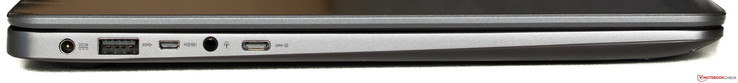 Vänstersidan: Power connector, USB Typ -A 3.0, Micro-HDMI, 3.5 mm ljudanslutning, USB Typ C 3.1 Gen 2