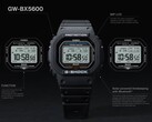 Casio G-Shock GW-BX5600-klockan visas med infällda texter som lyfter fram dess MIP-LCD-skärm, två typsnitt, Tough Solar-drift, Bluetooth-anslutning och Multiband 6-radiostyrd tidsinställning.