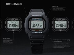 Casio G-Shock GW-BX5600-klockan visas med infällda texter som lyfter fram dess MIP-LCD-skärm, två typsnitt, Tough Solar-drift, Bluetooth-anslutning och Multiband 6-radiostyrd tidsinställning.