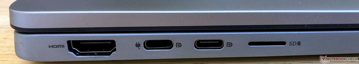 Vänster: HDMI 2.0, 2x USB-C 3.2 Gen 1 (5 Gbps, DisplayPort 1.4, power in), microSD