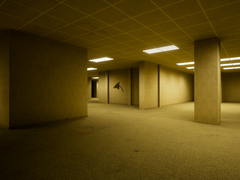 På bilden - en officiell skärmdump från The Backrooms Deluxe 2, som visar ett av de många spelbara områdena i spelet. (Bildkälla: Steam)