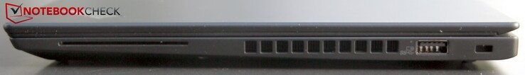 Höger sida: Smartcard-läsare, fläktventil, USB 3.1 Gen2 Typ A (alltid aktiv), Kensington-låsplats