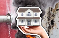 Vattenläckageövervakare, brandvarnare och termostater har alla potential för smarta hem. Ett generiskt hus, ett läckande rör och en brand på bilden. (Bildkälla: Canva - redigeringar)