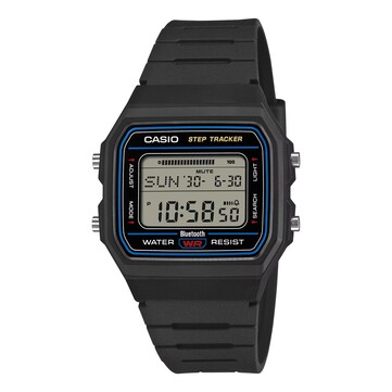 Casio F-B100W-1A med svart boett och armband i plast samt en blå accentring runt urtavlan.