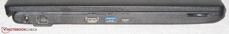 Vänster sida: strömport, Gigabit-Ethernet, HDMI, USB 3.2 Gen 1 (typ A), USB 3.2 Gen 2 (typ C; Power Delivery, DisplayPort), kortläsare (SD)