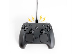 Konstnärlig rendering av Steam Controller som laddas med den magnetiska pucken.