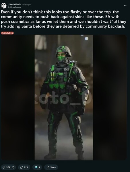 Neon grön läckt Battlefield 6 skin visas (Bildkälla: SpiritualBacon@Battlefield subreddit)
