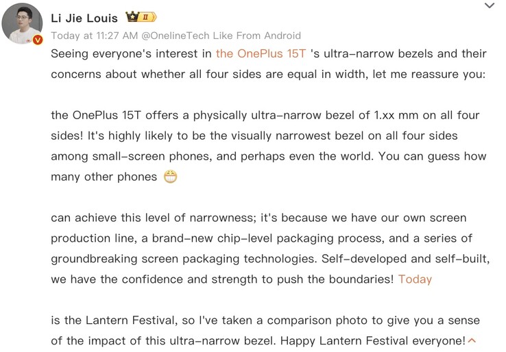 OnePlus China President delar detaljer om 15T: s skärmramar.