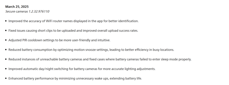 Ändringsloggen för uppdateringen Philips Hue Secure-kameror 1.2.32.976110. (Bildkälla: Philips Hue)