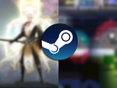 Steam-logotypen överlagrad på två suddiga skärmdumpar från både Beat Survival och Celestial Bond.