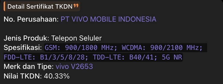 TKDN-listning för Vivo X500 FE.