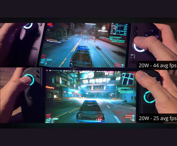 MSI Claw 8 AI+ och Lenovo Legion Go 2 kör Cyberpunk 2077 vid 20 W och uppnår 44 FPS respektive 25 FPS.