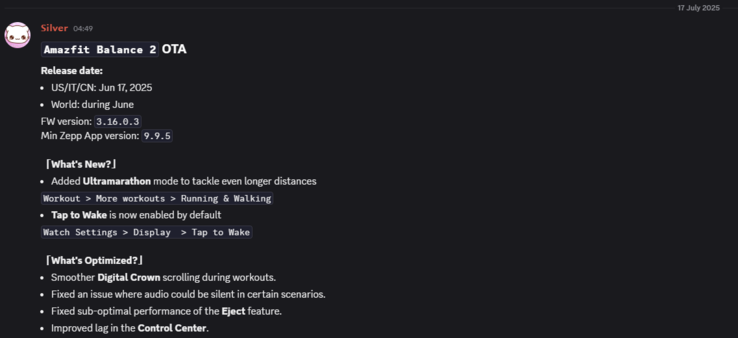 Släppanteckningarna för Amazfit Balance 2 version 3.16.0.3 uppdatering. (Bildkälla: Amazfit via Weibo)