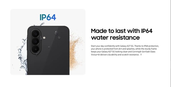 Galaxy s A27 5G har fått sin IP-klassning sänkt till IP64.