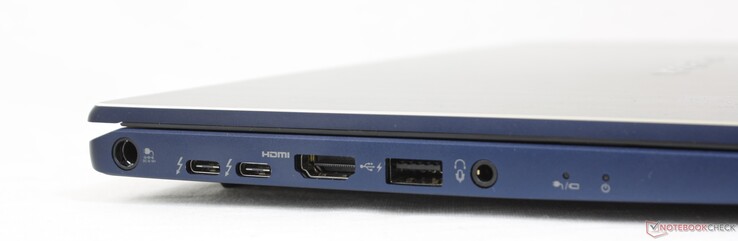 Vänster: AC-adapterport, 2x USB-C med Thunderbolt 4 + DisplayPort + Power Delivery, HDMI 2.0, USB-A 3.2, 3,5 mm headset