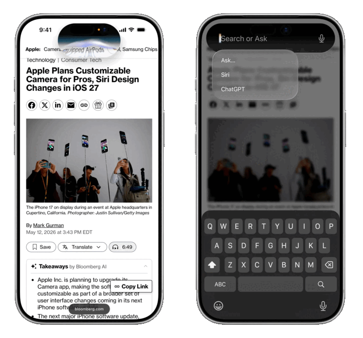 Den nya Siri är planerad att ha en nydesignad animation som dyker upp ur Dynamic Island (till vänster) och ett Search- eller Ask-gränssnitt.