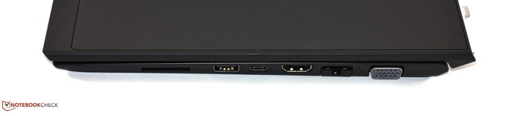 Höger: SD-kortläsare, USB 3.1 Gen 2 typ A, USB 3.1 Gen 2 typ C, HDMI, RJ45, VGA
