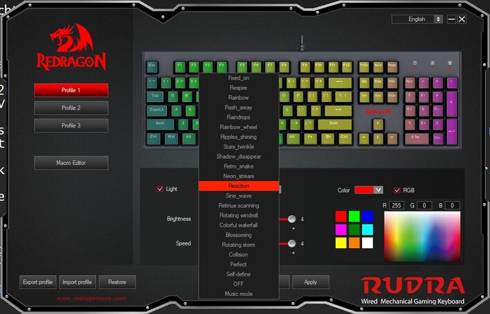 18 förinställda RGB-lägen för Rudra-tangentbordet