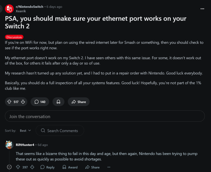 Nintendo Switch 2 Ethernet-portproblem (Bildkälla: skärmdump, Nintendo Switch subreddit)