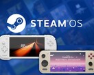 Konkr Pocket Fit G3 och Ayaneo Pocket S2 Pro på bild med Steam OS-logotypen i bakgrunden