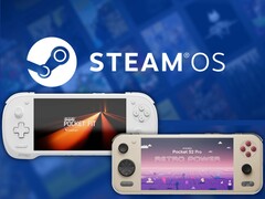 Konkr Pocket Fit G3 och Ayaneo Pocket S2 Pro på bild med Steam OS-logotypen i bakgrunden