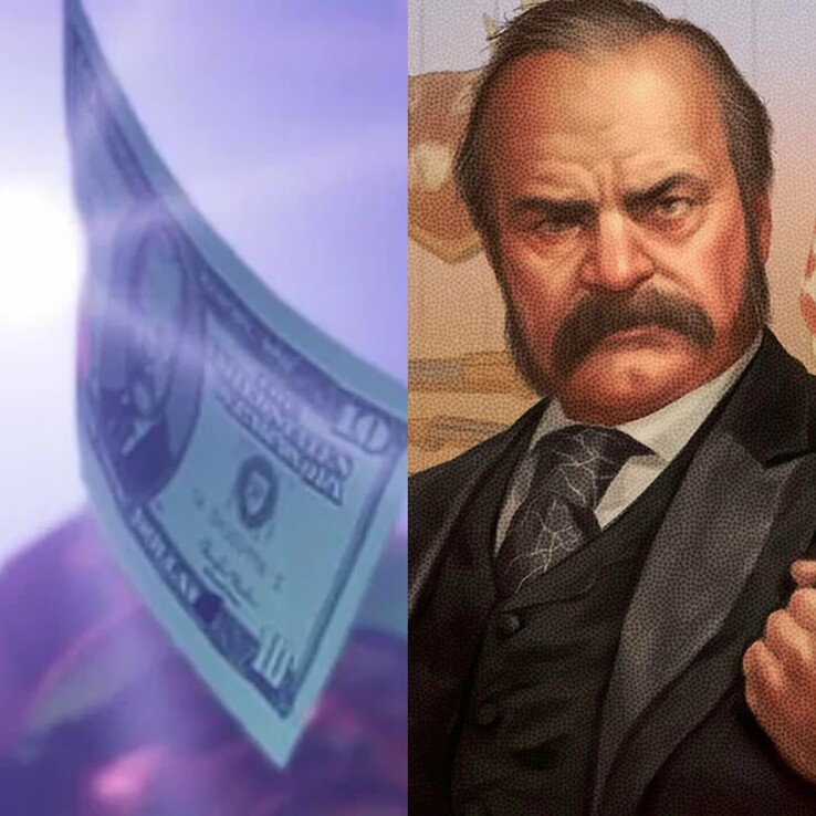 Bild som visar pengarna i GTA 6 från Trailer 2 tillsammans med president Thaddeus Waxman. (Bildkälla: Synth Potato på X)
