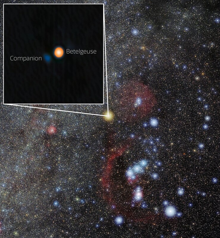Betelgeuses och dess följeslagarstjärnas läge. (Bildkälla: International Gemini Observatory/NOIRLab/NSF/AURAI Bildbehandling: M. Zamani (NSF NOIRLab))