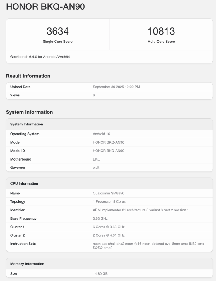 Geekbench-listning av Honor Magic 8 Pro. (Bildkälla: Geekbench)