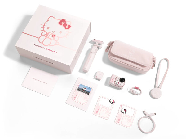Insta360 Go Ultra Hello Kitty Edition levereras med rosa tillbehör.