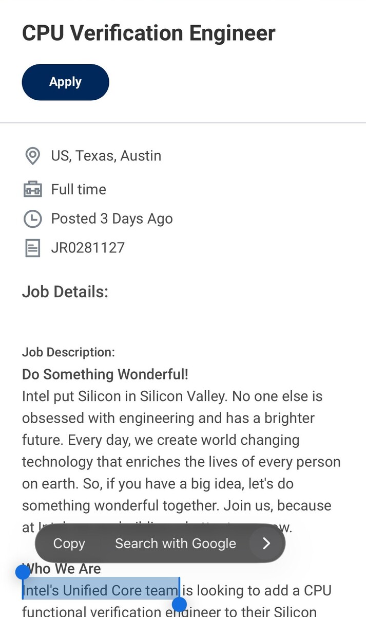 Intel söker en ingenjör för att arbeta med Unified Cores